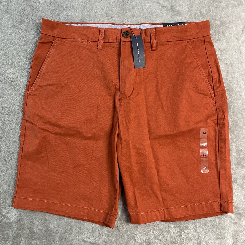 NWT Tommy Hilfiger TH Flex Shorts Mens 34 Orange Chino 9" Inseam Stretch Prep
